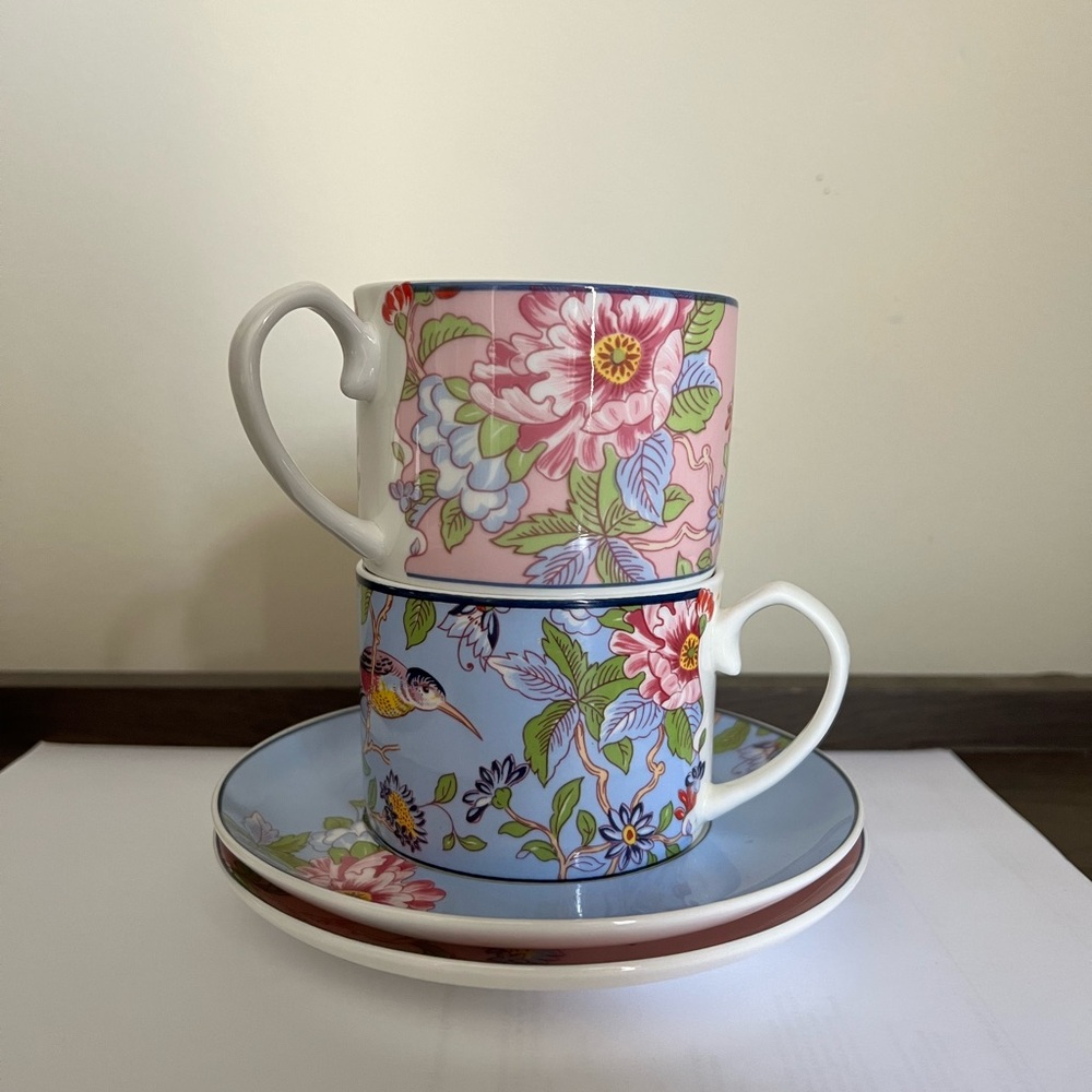 Floral Porcelain Teacup Set in Pink & Blue